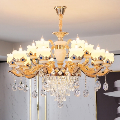 Jade Bud Ceiling Chandelier Vintage Dining Room Pendant Light Fixture in Gold with Crystal Decoration