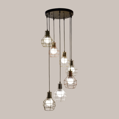 Loft Style Cage Multi Pendant Ceiling Light Iron Staircase Suspension Lamp in Black