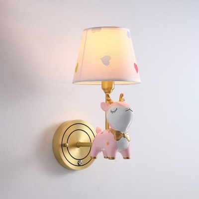 Pink Sika Deer Shaped Wall Light Cartoon Resin Sconce Lamp with Fabric Empire Shade