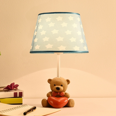 Resin Bear Nightstand Lamp Cartoon 1 Bulb Brown Table Light with Tapered Fabric Shade