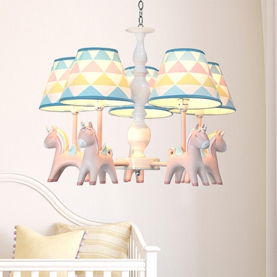 Resin Rainbow Horse Shaped Chandelier Cartoon Hanging Light Fixture with Triangle-Print Fabric Shade