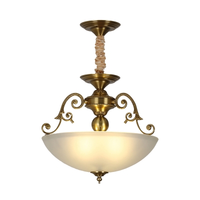 Rustic Bowl Suspension Light 3 Bulbs Frosted Glass Chandelier Light in Gold for Living Room