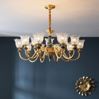 Scalloped Chandelier Light Retro Brass Clear Carved Glass Hanging Pendant for Dining Room