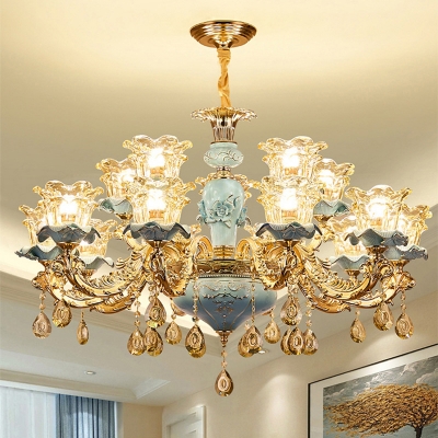 Scalloped Hanging Light Kit Traditional Blue and Gold Clear Glass Chandelier with Crystal Drapes