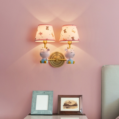 Sheep Shaped Resin Wall Lighting Cartoon Pink Wall Sconce with Tapered Fabric Shade
