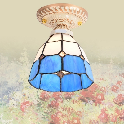 Small Flush Mount Ceiling Light Tiffany Handcrafted Glass Single Distressed White Semi Flush Mount
