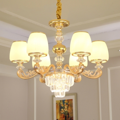 Tapered Living Room Chandelier Lighting Antique White Glass Gold Ceiling Light with Crystal Decor