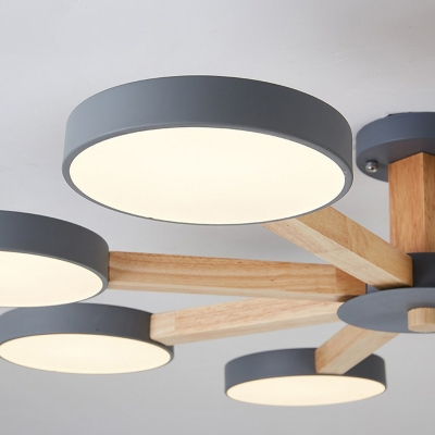 Wooden Radial Semi Mount Lighting Nordic 8 Heads LED Close to Ceiling Light for Dining Room