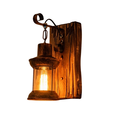Wrought Iron Wall Light Lantern Single-Bulb Industrial Sconce Fixture with Wood Backplate