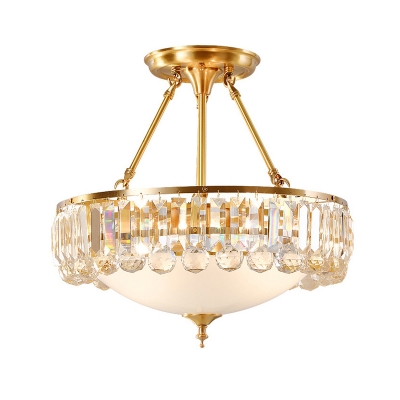 4 Lights Ceiling Light Fixture Vintage Bowl Milk Glass Flush Mount Lamp in Gold with Crystal Side