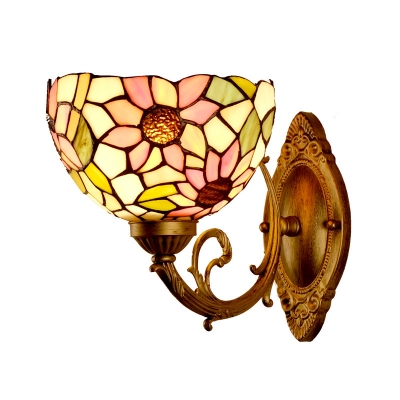 Bowl Shaped Wall Sconce Tiffany Stained Glass 1 Head Gold Wall Light with Sunflower Pattern