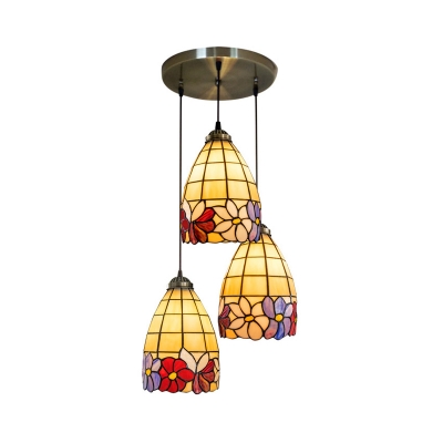 Bronze 3-Light Pendant Tiffany Hand-Crafted Glass Bell Hanging Ceiling Light with Flower Pattern