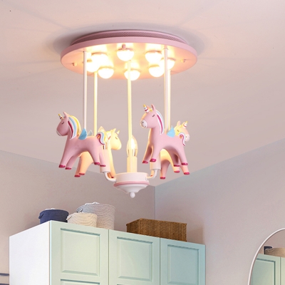 Carousel Childrens Bedroom Ceiling Lighting Resin 11-Light Cartoon Semi Flush Light