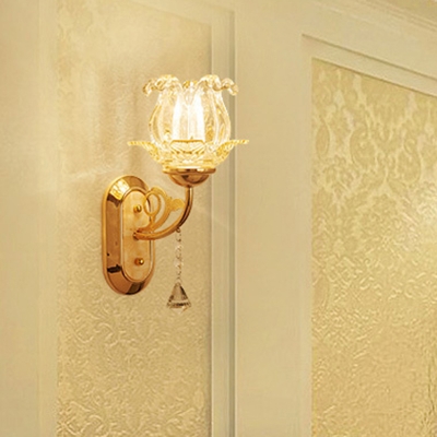 Clear Carved Glass Wall Sconce Light Antique Gold Flower Living Room Wall Light Kit