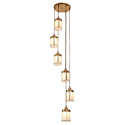 Cylinder Pendant Light Fixture Postmodern Frosted White Glass Stairs Multi Ceiling Light in Brass