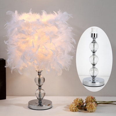 Cylindrical Feather Nightstand Lamp Minimalist 1-Light Nickel Table Lighting for Bedroom