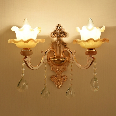 Floral Living Room Wall Sconce Traditional Frost Glass Gold Wall Mounted Light Fixture