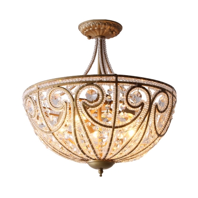 Gold Hemisphere Flush Mount Chandelier Antique Crystal Beaded 5-Bulb Kitchen Close to Ceiling Light