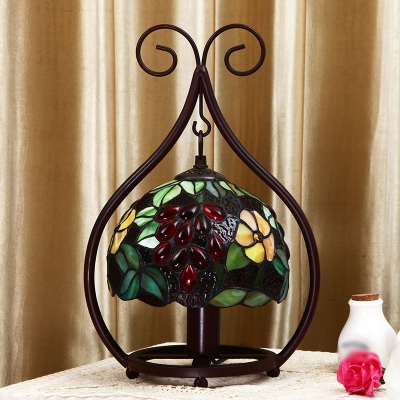 Green Leaf and Grape Patterned Night Lamp Tiffany 1 Head Handcrafted Glass Table Light with Scroll Stand