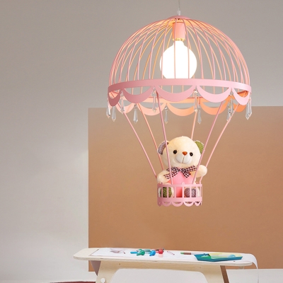 Iron Hot Air Balloon Hanging Light Cartoon 1-Light Ceiling Suspension Lamp with Plush Bear