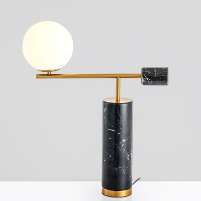 Novel Postmodern Cylindrical Night Lamp Marble 1 Bulb Bedside Table Light in Black with Ball Glass Shade