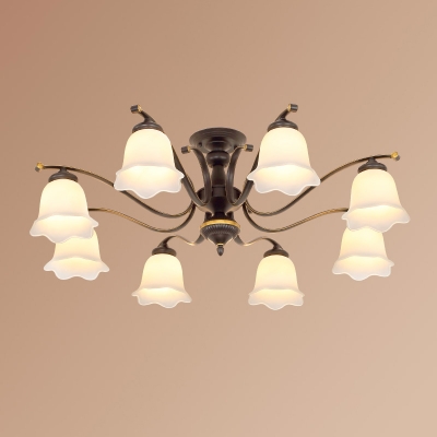 Rustic Style Floral Shade Semi Flush Light Frosted Glass Flush Mount Ceiling Chandelier in Black