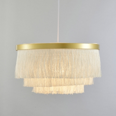 Single-Bulb Tassel Ceiling Light Rustic Gold Drum Shaped Living Room Hanging Lamp