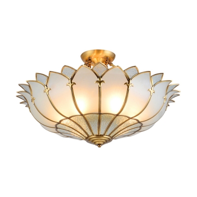 Traditional Lotus Shaped Ceiling Light Opal Frosted Glass Flush Mount Light in Gold