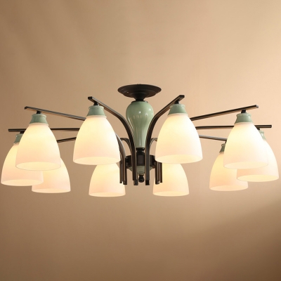 Vintage Bell Semi Flush Mount Cream Glass Close To Ceiling Chandelier in Light Green