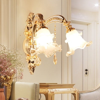 Wall Mounted Lighting Classic Living Room Wall Light with Floral Frost Glass Shade in Gold