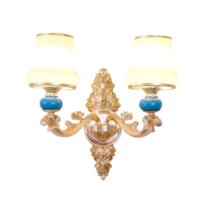 Wall Sconce Light Traditional Flared Cream Glass Wall Lamp in Gold with Blue Ceramics Accent