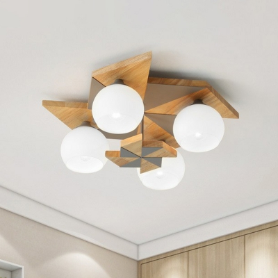 Wooden Windmill Ceiling Flush Mount Light Macaron 4-Head Flush Mount with Dome Milk Glass Shade