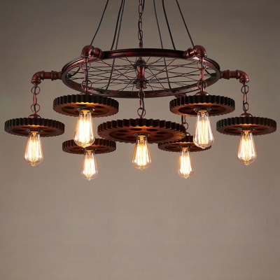 Wrought Iron Bronze Chandelier Wheel Style Industrial Hanging Light with Clear Glass Lantern