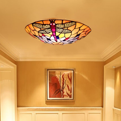 3 Lights Bowl Ceiling Flush Mount Tiffany Orange Stained Art Glass Flush Light with Dragonfly Pattern
