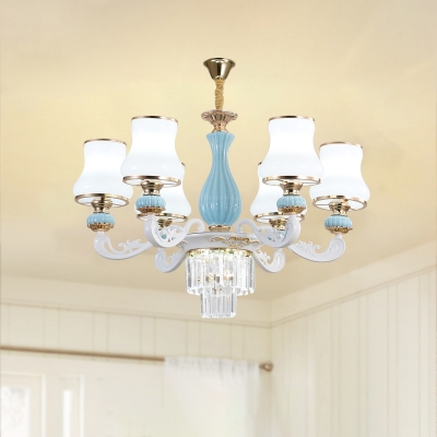 Blue Suspension Lighting Vintage Flared Milk Glass Chandelier with Tiered Tapered Crystal