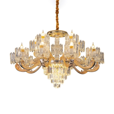 Classic Cylinder Chandelier Faceted Clear Crystal Prism Pendant Lamp in Gold for Living Room