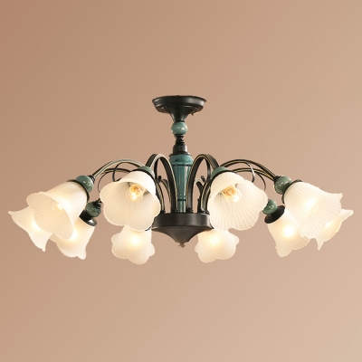 Classic Floral Shade Flush Mount Chandelier Ribbed Glass Semi Flush Light Fixture in Green