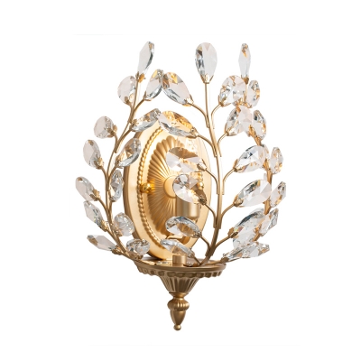 Clear Crystal Leaf Wall Lighting Traditional 1 Bulb Living Room Wall Sconce in Gold