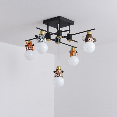 Creative Animal Head Semi-Flush Mount Ceiling Light Metallic Kids Bedroom Flush Light Fixture in Black