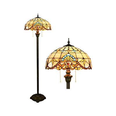Handcrafted Art Glass Dome Floor Lamp Tiffany 2 Lights Standing Floor Light with Pull Chain