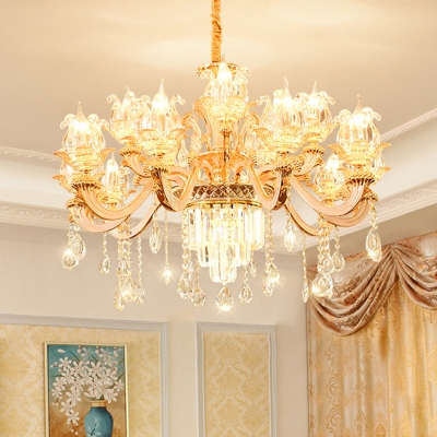 Handmade Clear Glass Floral Hanging Pendant Traditional Sitting Room Chandelier with Crystal Bottom in Gold