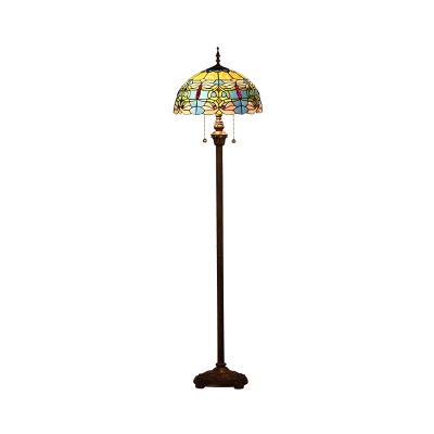 Hemispherical Pull-Chain Floor Light 2-Head Multicolored Stained Glass Tiffany Floor Lamp in Blue