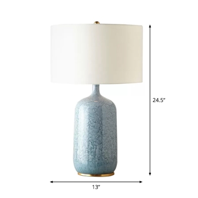 Jar Shaped Ceramics Table Lamp Modern 1 Head Blue Night Light with Drum Fabric Shade