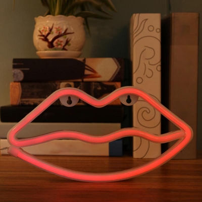 Lip Shaped Girls Room Night Lamp Rubber Decorative LED Battery Table Light with Wall Hook in White