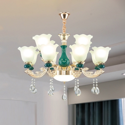 Opal Glass Emerald Green Chandelier Bellflower Retro Style Ceiling Hang Light with Crystal Decoration