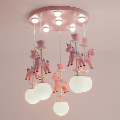 Opaline Glass Ball Multi Ceiling Light Cartoon Hanging Pendant with Decorative Unicorn