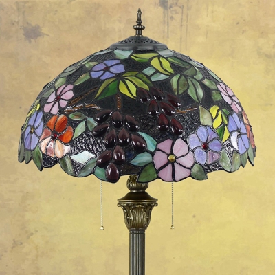 Purple 2-Light Pull Chain Standing Lamp Tiffany Stained Glass Bowl Floor Light with Grape and Flower Pattern