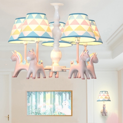 Resin Rainbow Horse Shaped Chandelier Cartoon Hanging Light Fixture with Triangle-Print Fabric Shade
