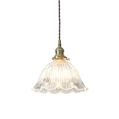 Ruffled Clear Rib Glass Pendant Lighting Antique Dining Room Suspension Lamp in Brass