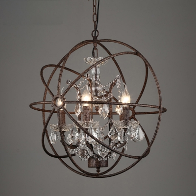 Rust Orbit Globe Pendulum Light Loft Style Iron Bistro Ceiling Chandelier with Crystal Deco